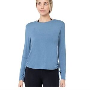 NWOT- Vie Active Coronet Blue Side Cinch Tie Long Sleeve Shirt Size Large